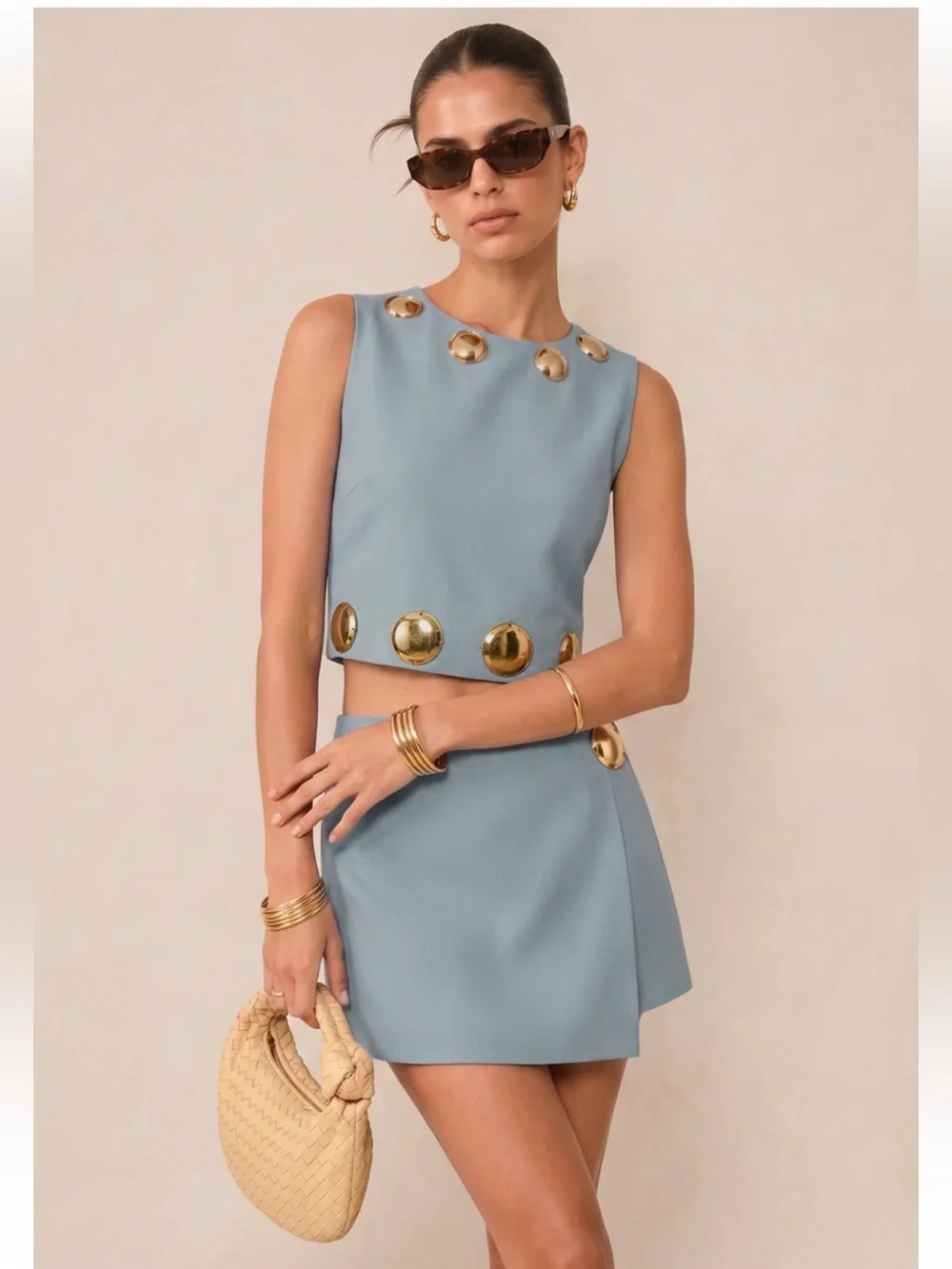 Commense Metal Detail Sleeveless Crop Top & Mini Skirt Set in Blue Size XS NWT - Picture 3 of 7